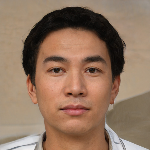 Neutral asian young-adult male with short  black hair and brown eyes