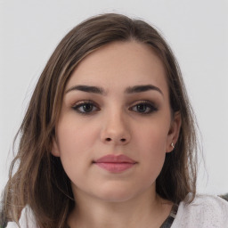 Neutral white young-adult female with medium  brown hair and brown eyes