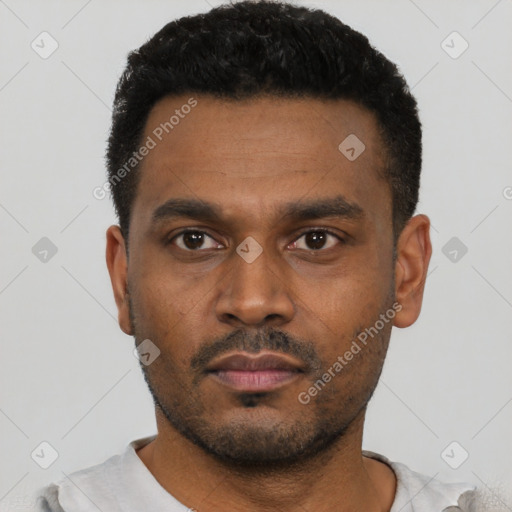 Neutral latino young-adult male with short  black hair and brown eyes
