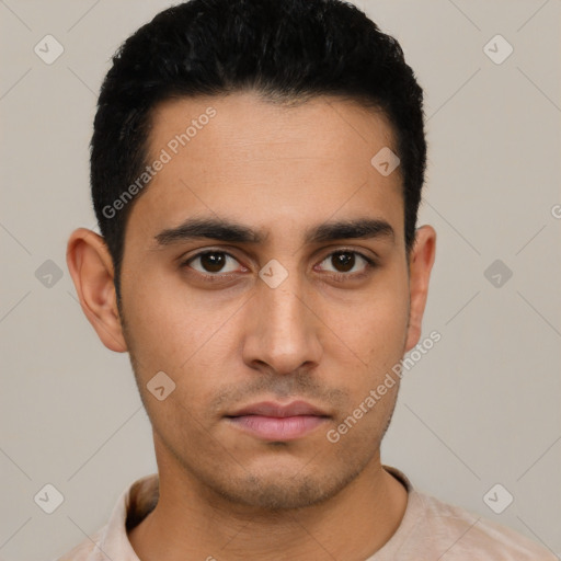 Neutral asian young-adult male with short  black hair and brown eyes