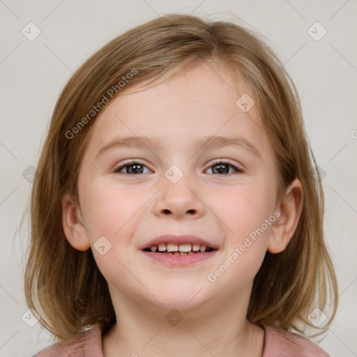 Joyful white child female with medium  brown hair and blue eyes