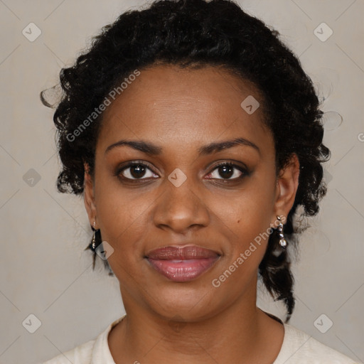 Joyful black young-adult female with medium  black hair and brown eyes