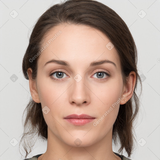 Neutral white young-adult female with medium  brown hair and grey eyes