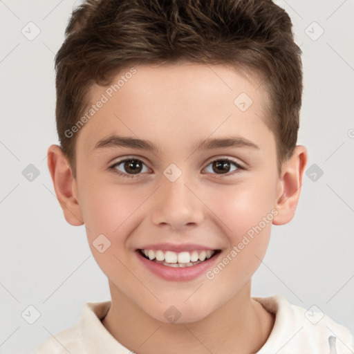 Joyful white child male with short  brown hair and brown eyes