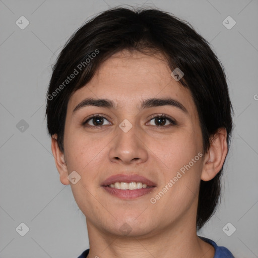 Joyful white young-adult female with medium  brown hair and brown eyes