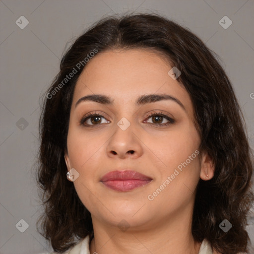 Joyful white young-adult female with medium  brown hair and brown eyes