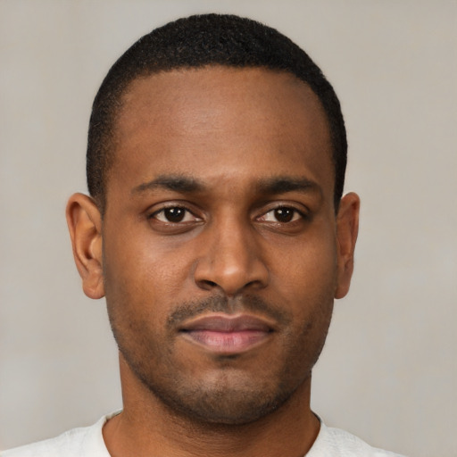 Neutral black young-adult male with short  brown hair and brown eyes