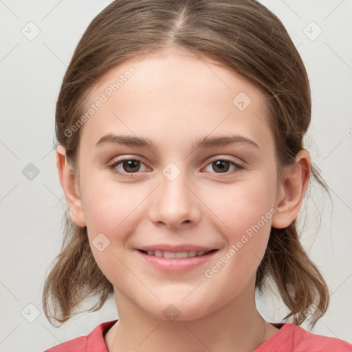 Joyful white child female with medium  brown hair and grey eyes