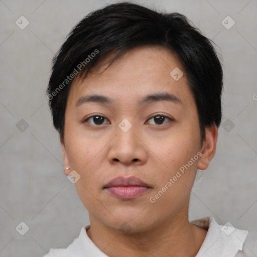 Neutral asian young-adult female with short  black hair and brown eyes