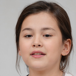 Joyful white child female with medium  brown hair and brown eyes