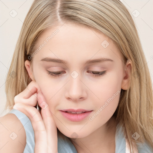 Joyful white young-adult female with long  brown hair and blue eyes