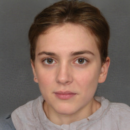 Neutral white young-adult female with short  brown hair and grey eyes