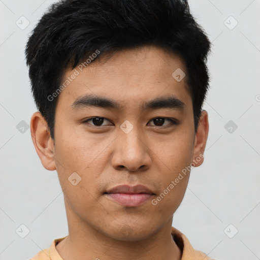 Joyful asian young-adult male with short  black hair and brown eyes