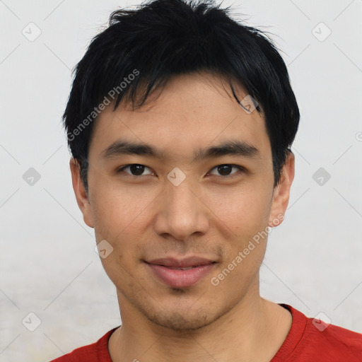 Joyful asian young-adult male with short  black hair and brown eyes
