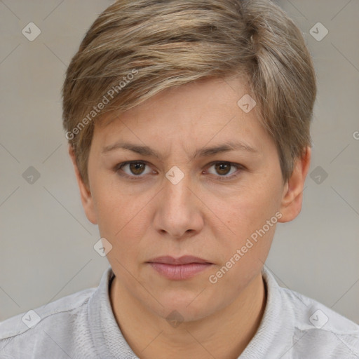 Joyful white adult female with short  brown hair and grey eyes