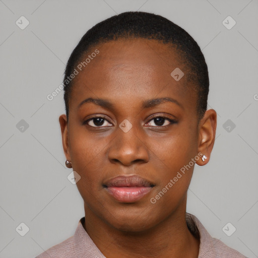 Neutral black young-adult female with short  black hair and brown eyes