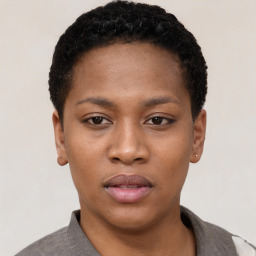 Neutral black young-adult female with short  black hair and brown eyes