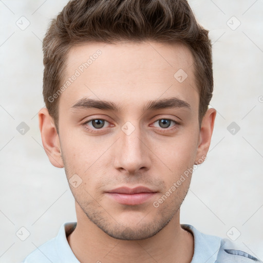 Neutral white young-adult male with short  brown hair and grey eyes