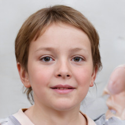 Joyful white child female with medium  brown hair and blue eyes