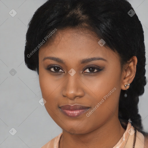 Joyful latino young-adult female with short  black hair and brown eyes