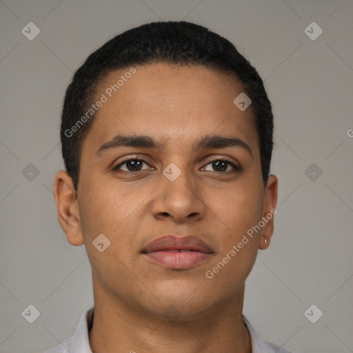 Neutral latino young-adult male with short  brown hair and brown eyes