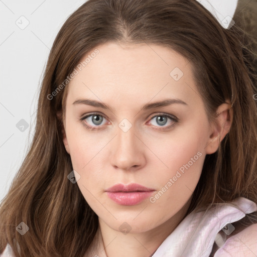 Neutral white young-adult female with long  brown hair and grey eyes