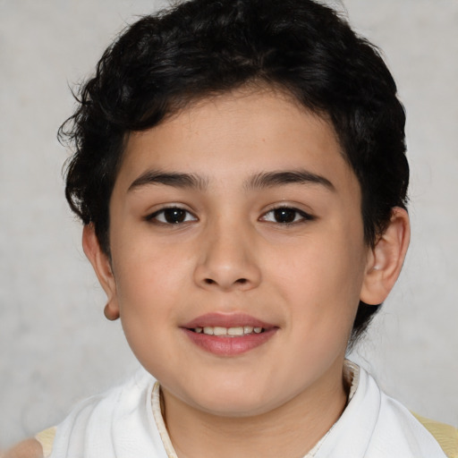 Joyful white child female with short  brown hair and brown eyes