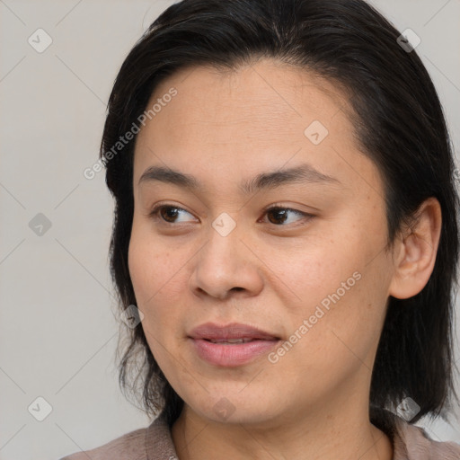 Joyful white young-adult female with medium  brown hair and brown eyes