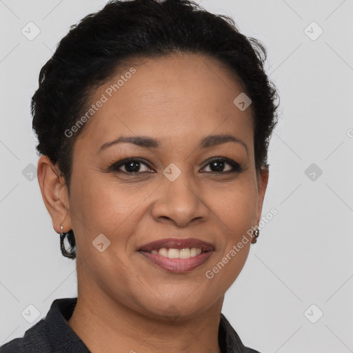 Joyful latino young-adult female with short  brown hair and brown eyes