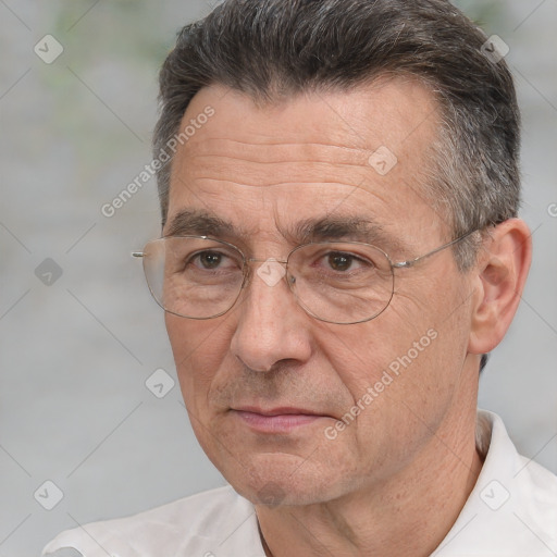 Joyful white middle-aged male with short  brown hair and brown eyes