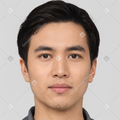 Neutral asian young-adult male with short  black hair and brown eyes