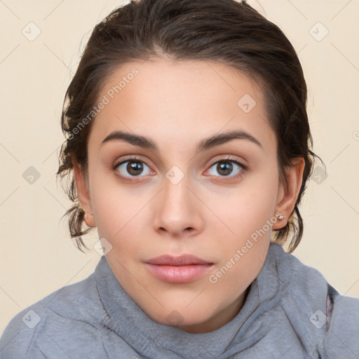 Neutral white young-adult female with medium  brown hair and brown eyes