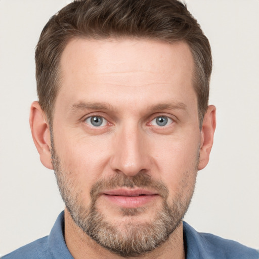 Joyful white adult male with short  brown hair and grey eyes