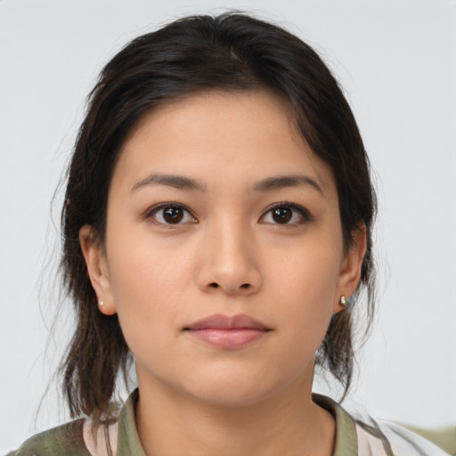 Neutral asian young-adult female with medium  brown hair and brown eyes