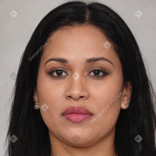 Joyful asian young-adult female with long  brown hair and brown eyes