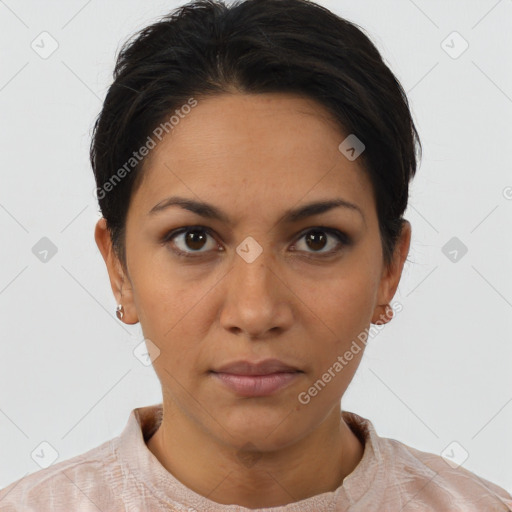 Neutral latino young-adult female with short  brown hair and brown eyes