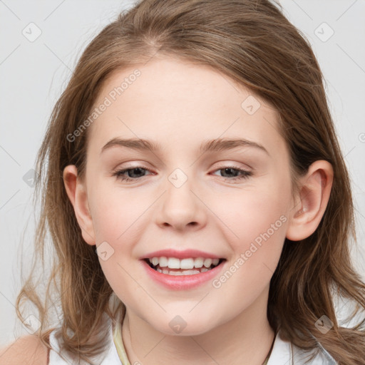 Joyful white child female with medium  brown hair and grey eyes