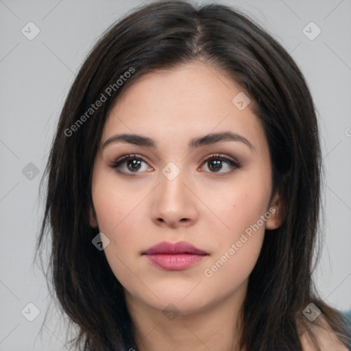 Neutral white young-adult female with long  brown hair and brown eyes