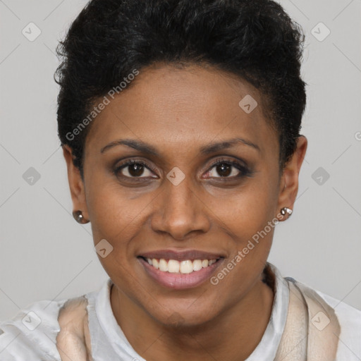 Joyful latino young-adult female with short  brown hair and brown eyes