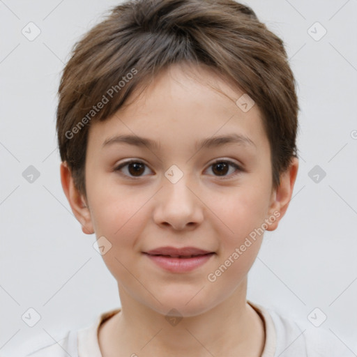 Joyful white child female with short  brown hair and brown eyes