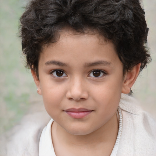 Joyful white child female with short  brown hair and brown eyes