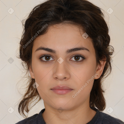 Neutral white young-adult female with medium  brown hair and brown eyes