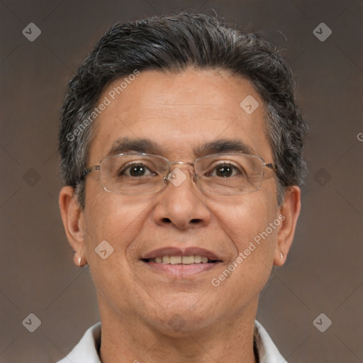 Joyful white middle-aged male with short  brown hair and brown eyes