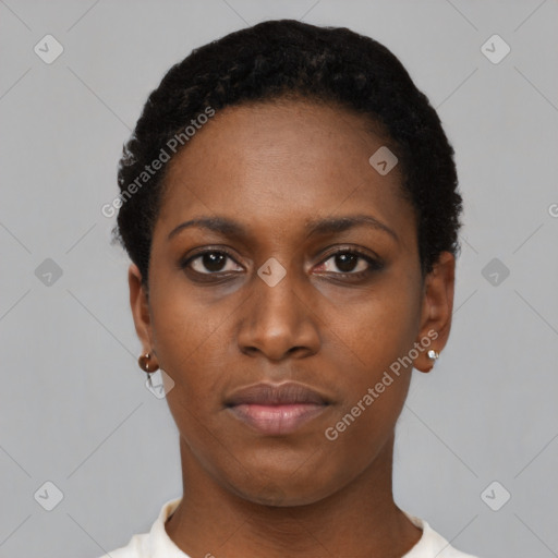 Neutral black young-adult female with short  black hair and brown eyes