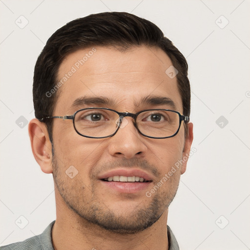 Joyful white young-adult male with short  brown hair and brown eyes