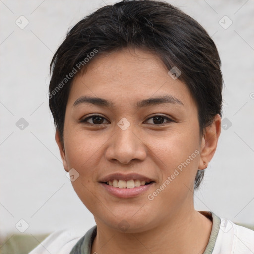 Joyful white young-adult female with short  brown hair and brown eyes