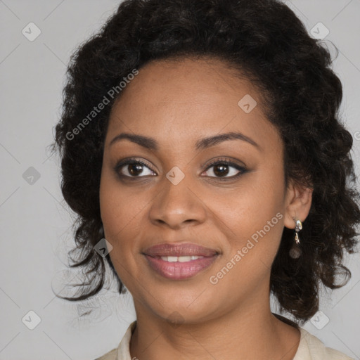 Joyful black young-adult female with medium  brown hair and brown eyes