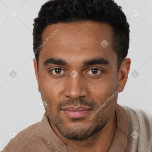 Neutral black young-adult male with short  black hair and brown eyes
