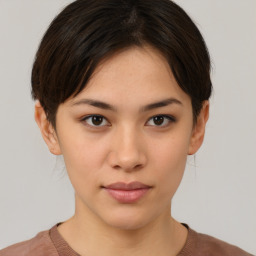 Neutral white young-adult female with short  brown hair and brown eyes