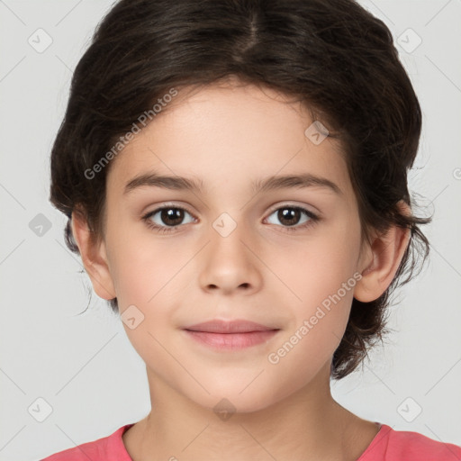 Joyful white child female with medium  brown hair and brown eyes